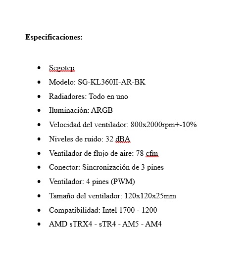 Refrigeracion Liquida Segotep KL360 II ARGB Negro 360mm Intel LGA2066/ 2011-v3/ 2011/1700/ 1200/1151/1150/1155, AMD sTRX4/sTR4/AM5/AM4