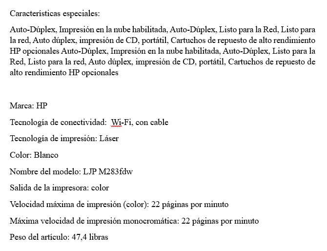 Impresora Multifunción Laser HP Lj Pro MFP M283FDW Color