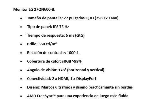 MONITOR LG 27INC QHD IPS 2560X1440 27QN600-B