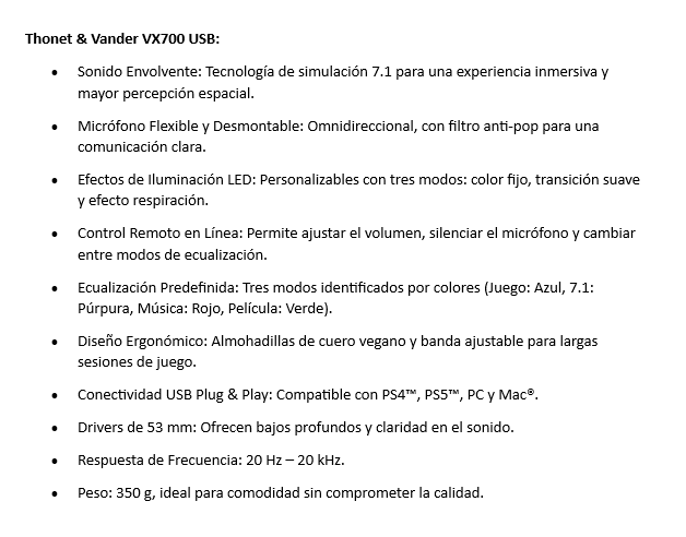 Audifono Gaming Thonet & Vander VX700 USB Sonido 7,1 Efecto Surround LED PS4 PS5 y Pc/Mac HK 096-03571