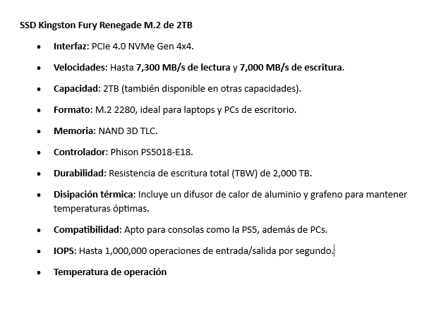 SSD Kingston Fury Renegade M.2 de 2TB NVME PCIe 4.0 7300/6000 MB/s en lectura/escritura SFYRS/2000G