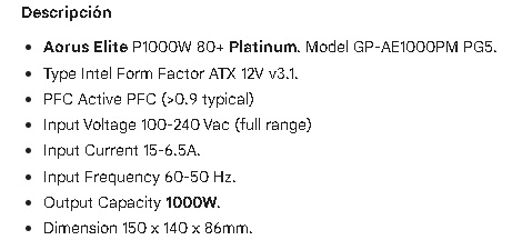 Fuente de Poder Gigabyte Aorus Elite 1000W Platinum White Full Modular GP-AE1000PM PG5 ICE