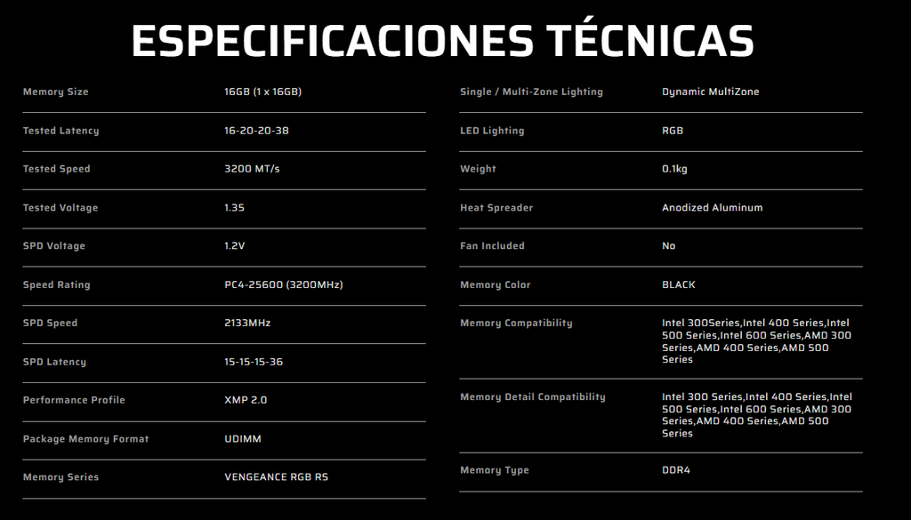 Memoria Ram Corsair VENGEANCE RGB RS 16GB (1X16GB) DDR4 3200MHZ C16 CMG16GX4M1E3200C16