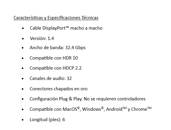 Cable Displayport Version 1,4 Unnotekno 4k 6FT CB4060BK