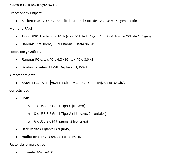 Tarjeta Madre ASROCK H610M-HDV/M.2+ D5 LGA1700 ddr5 2 slots HDMI-DP-VGA 10/100/1000 mATX