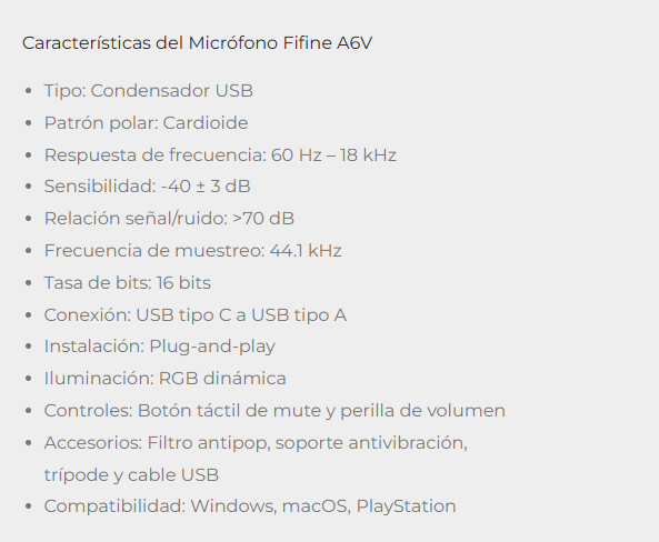 Microfono FIFINE AmpliGame A6V USB with Volume Dial Mute Button & RGB for Streaming on PC-Laptop PS 4-5
