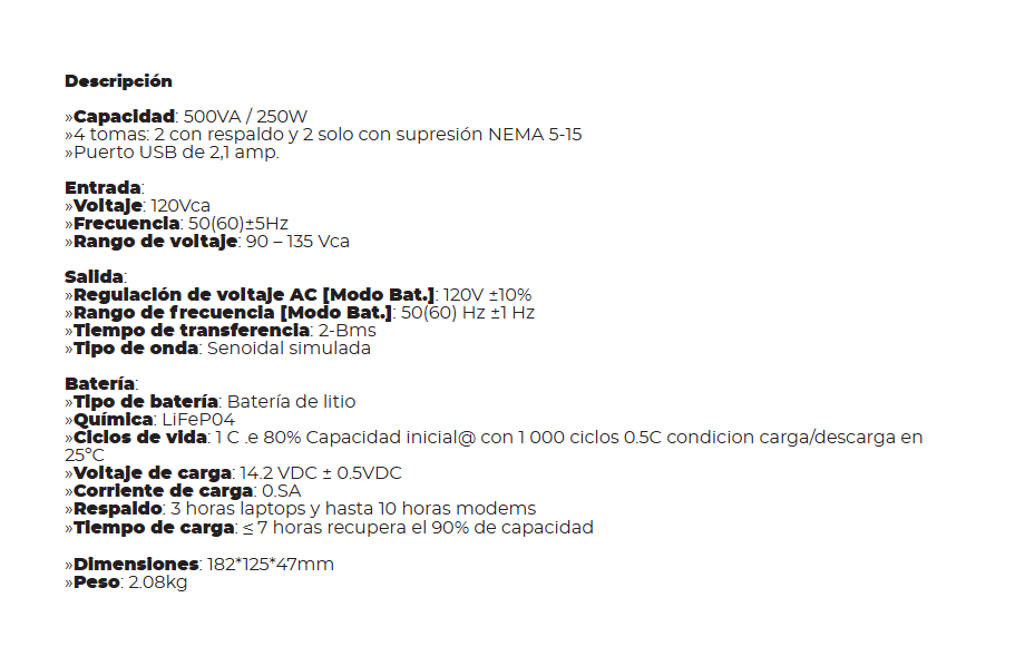 UPS CDP Li-504 500VA/250W Lithium Batery 4 Tomas 1Usb-C Negro