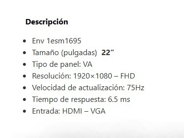 Monitor LED ENV 22" 1ESM1695 FHD 1920x1080 VGA HDMI Bisel Ultra delgado Black Panel VA
