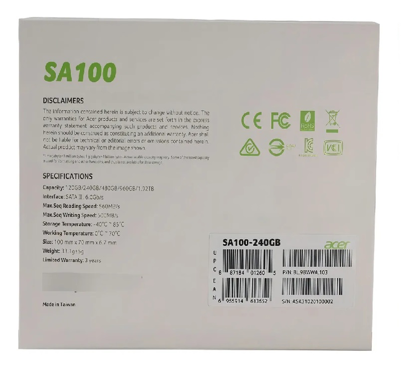 Disco sólido Acer SA100 240Gb Sata 3 6Gb/s 2,5Inc 7mm BL.9BWWA.102