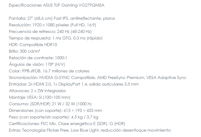 Monitor LED Asus 27" VG279QM5A TUF PLANO FullHD 240Hz Fast IPS 0.3ms Extreme Low Motion Altavoz estéreo