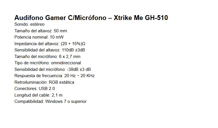 Audifono Gaming Xtrike-Me GH-510 Sonido Stereo Altavoz 50mm Microfono Omnidireccional