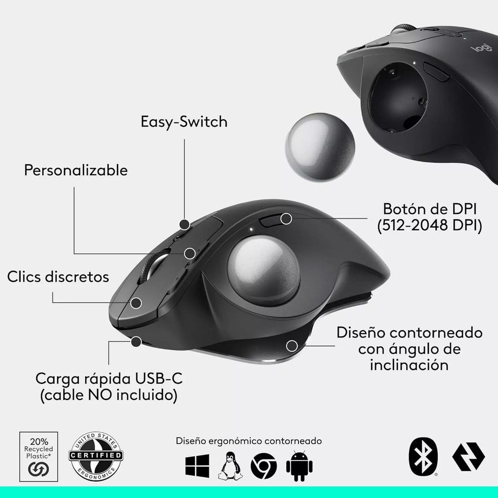 Mouse Logitech MX Ergo S Wireless TrackBall Logi Bolt Black Bluetooth Bateria Recargable 910-007261