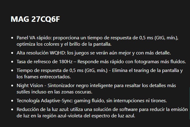 Monitor MSI MAG 27CQ6F 27" 2560x1440 WQHD Curvo Led 2K 180Hz 0,5ms HDR VA