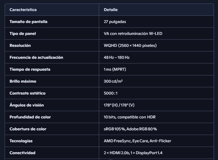 Monitor MSI MAG 27CQ6F 27" 2560x1440 WQHD Curvo Led 2K 180Hz 0,5ms HDR VA