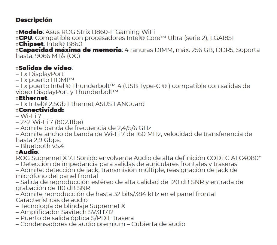 Mbo Asus ROG Strix B860-F GAMING WIFI Intel Core Ultra LGA1851 DDR5-9066Mhz BT DP HDMI 4M.2 PCIe 5.0