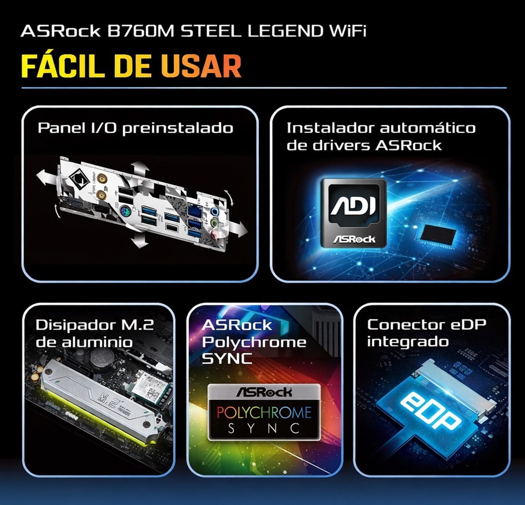 Tarjeta Madre ASROCK B760M Steel Legend 14va LGA1700 4DDR5 WIFI HDMI DP M.2 15USB PCIE5.0 mATX