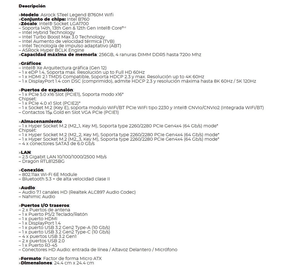 Tarjeta Madre ASROCK B760M Steel Legend 14va LGA1700 4DDR5 WIFI HDMI DP M.2 15USB PCIE5.0 mATX
