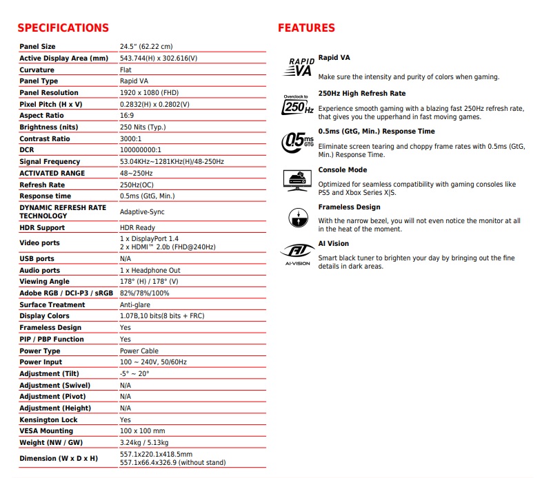 Monitor MSI MAG 255XFV 24.5inc VA FHD 250HZ 0,5MS