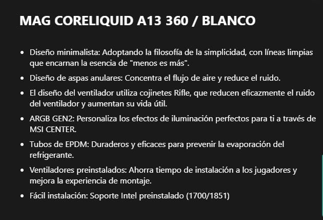 CPU COOLER MSI MAG A13 360MM BLACK ARGB LGA 1700/1851 AMD4 AM5