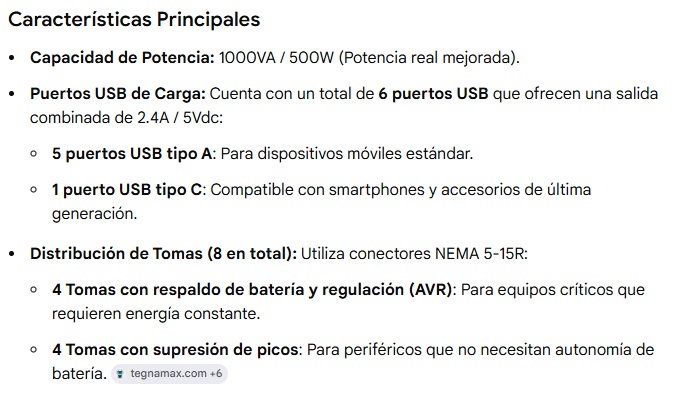 UPS CDP R-UPR1008 Interactivo 1000va/500W - 8 tomas-5 puertos usb tipo A y 1 usb tipo C 120v