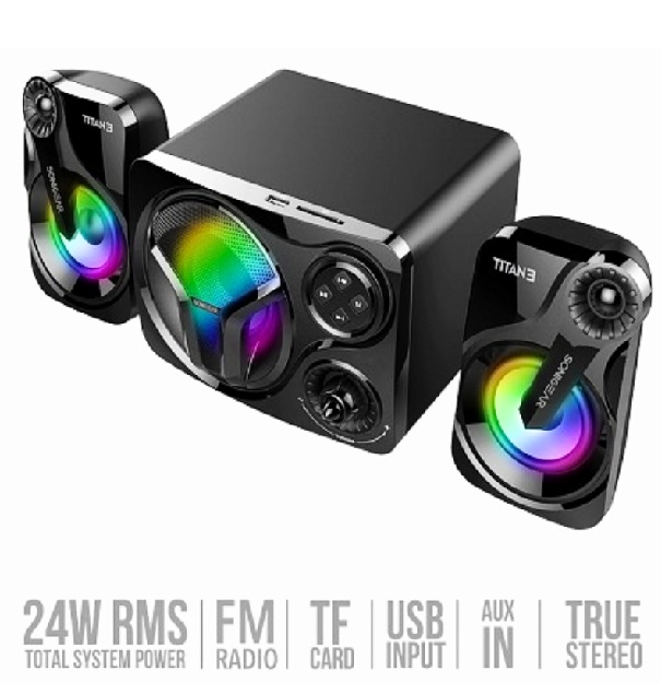 PARLANTE SONIC GEAR TITAN 3 BTMI  2.1 BLUETOOTH AUX IN TF CARD FM RADIO USB  COLOR NEGRO CON GRIS/ POTENCIA 24W TOTAL  / ILUMINACION RGB