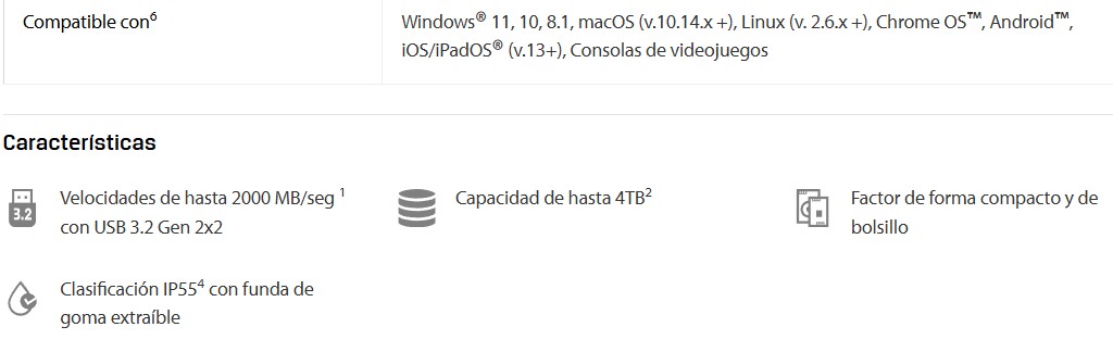 SSD Kingston Externo XS2000 1Tb Usb Type-C USB 3,2 Gen 2x2 2000MB/s lectura y 2000MB/s escritura SXS2000/1000G