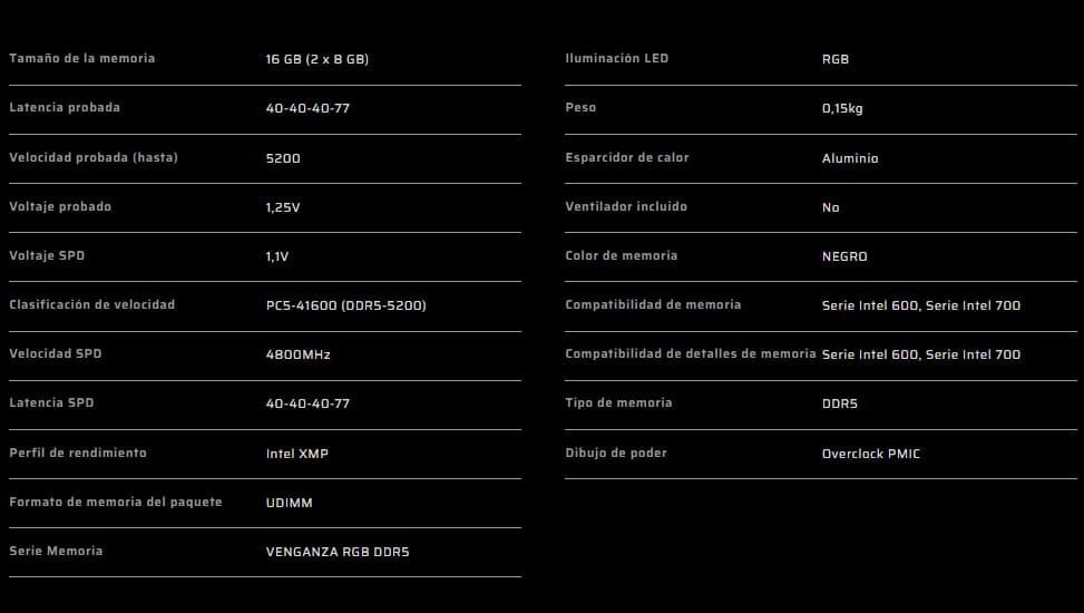 Memoria Ram Corsair 16gb (2x8Gb) Ddr5 5200MHz Vengeance RGB Black C40 CMH16GX5M2B5200C40