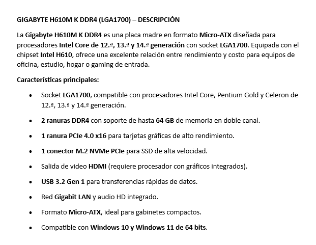 Mbo Gigabyte H610M K DDR4 GEN5 14VA LGA1700 2DDR4 HDMI M.2 USB3.2 PCIe4.0 micro-ATX