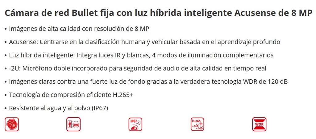 Hikvision DS-2CD2083G2-LI2U 8MP Cámara de red tipo bala fija inteligente híbrida Acusense con luz - Micrófono incorporado - 8MP
