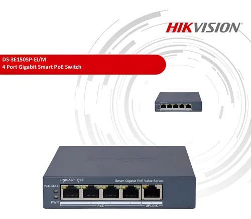 Smart POE Switch Hikvision 4 Puertos Gigabit POE 45w DS-3E1505P-EI/M